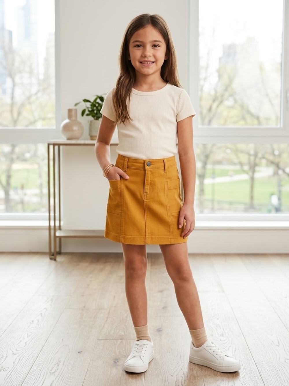 Copper Key Cream Short Sleeve Tee with Mustard Skirt